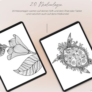 May include: Two digital tablet screens displaying black and white coloring pages. The left screen shows a hummingbird and a flower. The right screen shows a turtle with intricate details. The text on the screen reads "20 Malvorlagen" and "20 Malvorlagen warten auf deinen Stift und dein iPad oder Tablet - und nat&uuml;rlich auch auf deine Malk&uuml;nste!"