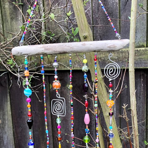 Beaded hand made driftwood wind chime ornament with silver wire spirals