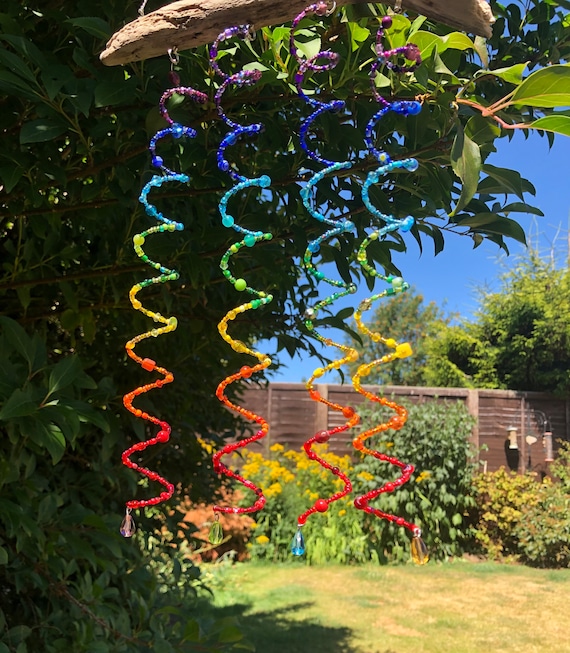 Chakra Rainbow Colour Beaded Wind Chime - Spirals and Driftwood