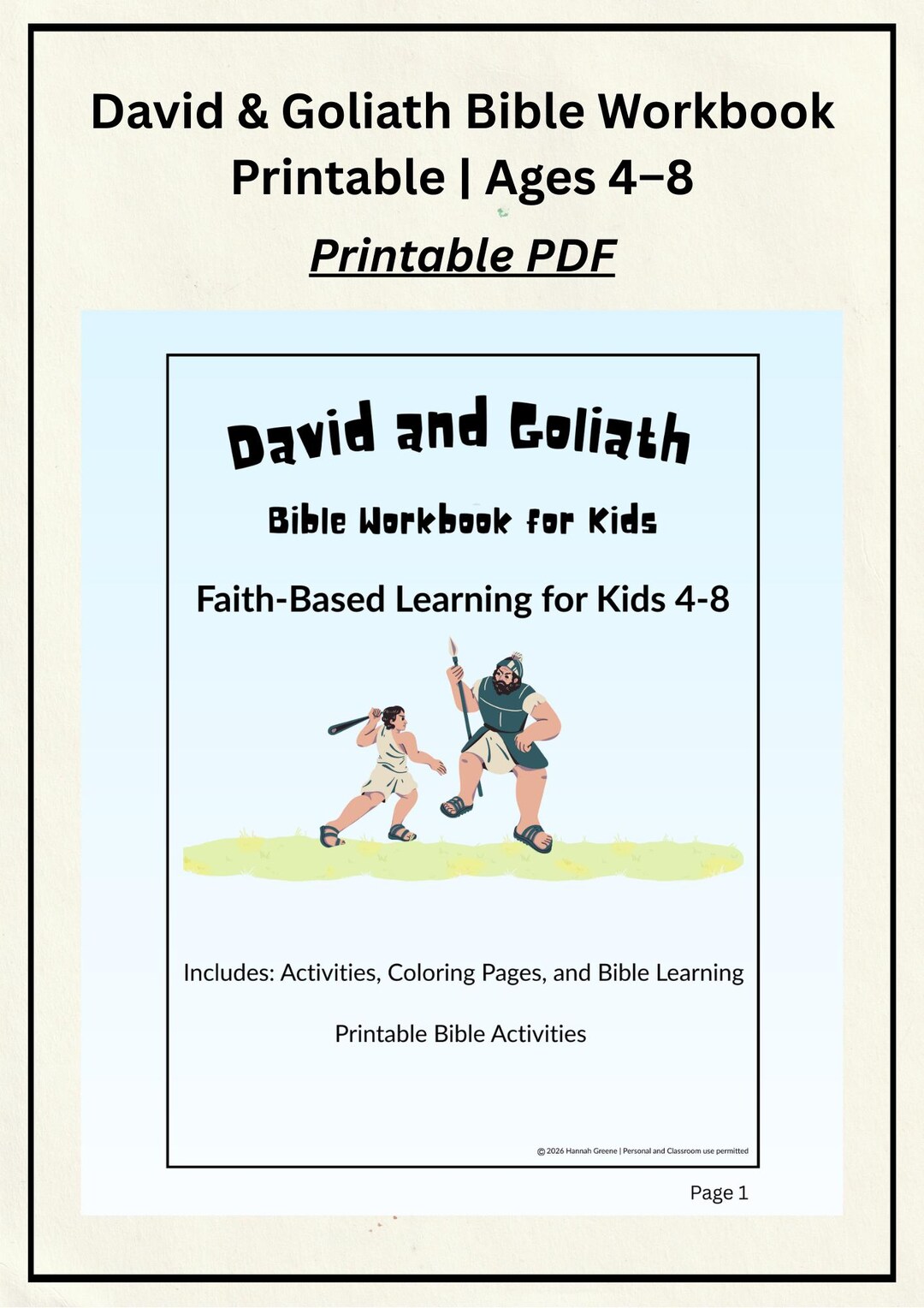 David and Goliath Bible Workbook | Christian Activities for Kids (ages ...