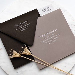 May include: Two envelopes with white text on a brown and a light brown background. The text reads "William & Benjamin The Old Rectory 138 Northwood Park Road Colindale, London NW34 9AH" and "MAGNA PAPERS".