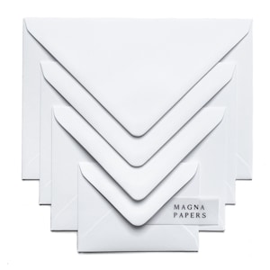 May include: A set of five white envelopes of different sizes, with the brand name "MAGNA PAPERS" printed on a label on the smallest envelope.
