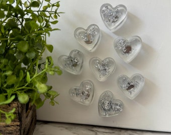 Silver Flake Heart Resin Magnets - Set of 8