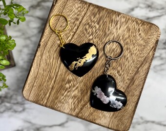 Gold or Silver Leaf Heart Resin Keychain: Black Bag Charm