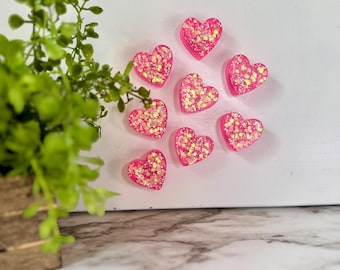 Chunky Pink Glitter Heart Resin Magnets: Handmade Set of 8