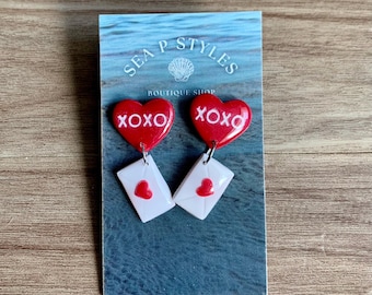 SALE Valentines Day Candy Hearts Love Letter Handmade Polymer Clay Dangle Earrings Hypoallergenic Statement Earrings Unique Gifts Her