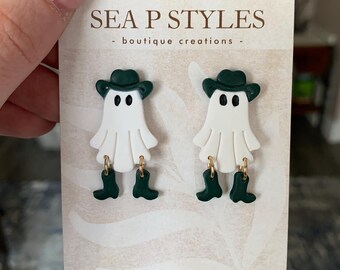 Green Retro Ghosts Handmade Polymer Clay Dangle Earrings Lightweight Boho Hypoallergenic Statement Earrings Unique Gifts for Her