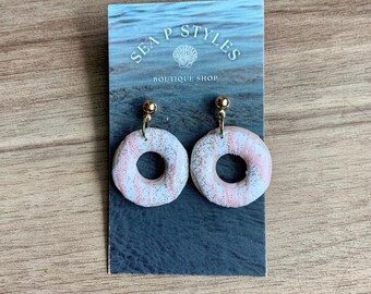 SALE Valentines Day Pink Donuts Polymer Clay Dangle Earrings Lightweight Geometric Hypoallergenic Statement Earrings Unique Gifts Her