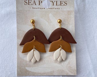 Brown Tulip Dangle Handmade Polymer Clay Dangle Earrings Lightweight Geometric Jewelry Hypoallergenic Statement Earrings Unique Gifts Her