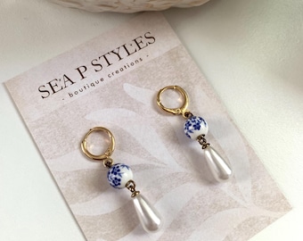 1 Coastal Pearl Blue and White Mini Charm Dangle Earrings Gold Huggie Lightweight Hypoallergenic Statement Earrings Unique Gifts for Her