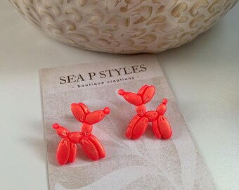 Hot Pink Iridescent Balloon Animal Handmade Polymer Clay Dangle Earrings Lightweight Hypoallergenic Statement Earrings Unique Gifts for Her