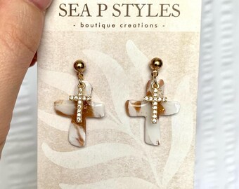 Brown Marbled Cross Charm Handmade Polymer Clay Dangle Earrings Lightweight Geometric Hypoallergenic Statement Earrings Unique Gifts for Her