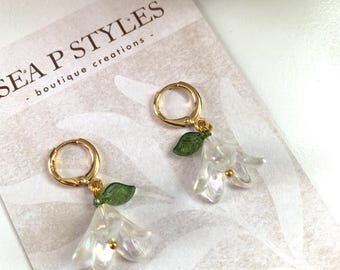 Iridescent Tulip Drop Pearl White Mini Charm Dangle Earrings Gold Huggie Lightweight Hypoallergenic Statement Earrings Unique Gifts for Her