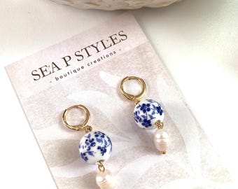 2 Coastal Pearl Blue and White Mini Charm Dangle Earrings Gold Huggie Lightweight Hypoallergenic Statement Earrings Unique Gifts for Her