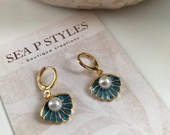 Blue Seashell Pearl White Mini Charm Dangle Earrings Gold Huggie Lightweight Hypoallergenic Statement Earrings Unique Gifts for Her