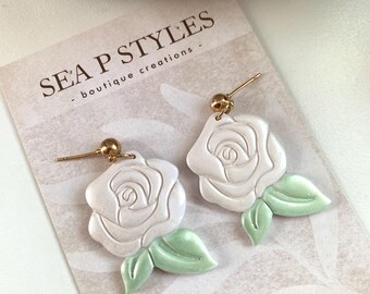 White and Green Gardenia Rose Handmade Polymer Clay Dangle Earrings Lightweight Boho Hypoallergenic Statement Earrings Unique Gifts for Her