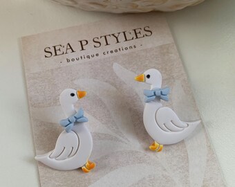 Kitchen Goose with Blue Bow Handmade Polymer Clay Dangle Earrings Lightweight Hypoallergenic Statement Earrings Unique Gifts for Her