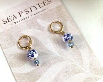 3 Coastal Pearl Blue and White Mini Charm Dangle Earrings Gold Huggie Lightweight Hypoallergenic Statement Earrings Unique Gifts for Her
