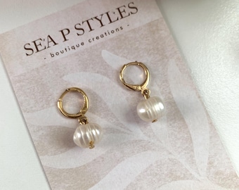 Coastal Pearl White Mini Charm Dangle Earrings Gold Huggie Lightweight Hypoallergenic Statement Earrings Unique Gifts for Her