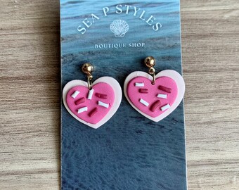 SALE Valentines Day Pink Heart Sugar Cookie Polymer Clay Dangle Earrings Lightweight Hypoallergenic Statement Earrings Unique Gifts Her