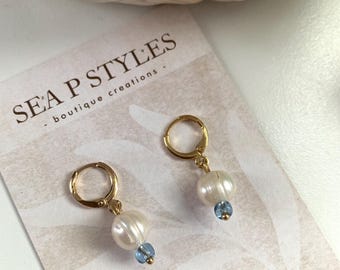 5 Coastal Pearl Blue and White Mini Charm Dangle Earrings Gold Huggie Lightweight Hypoallergenic Statement Earrings Unique Gifts for Her