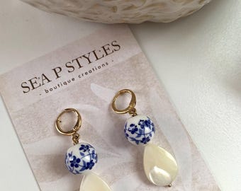 4 Coastal Pearl Blue and White Mini Charm Dangle Earrings Gold Huggie Lightweight Hypoallergenic Statement Earrings Unique Gifts for Her