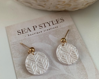 Iridescent White Circle Handmade Polymer Clay Dangle Earrings Lightweight Hypoallergenic Statement Earrings Unique Gifts for Her