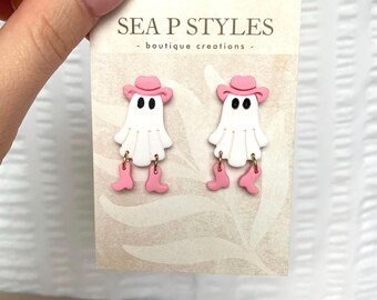 Baby Pink Retro Ghosts Handmade Polymer Clay Dangle Earrings Lightweight Geometric Hypoallergenic Statement Earrings Unique Gifts for Her