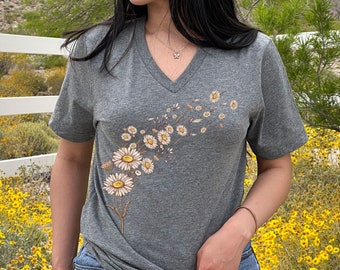 Daisy Flowers V-Neck Shirt, Daisy Floral V-Neck Shirt, Wild Flowers Summer Shirts, 12343