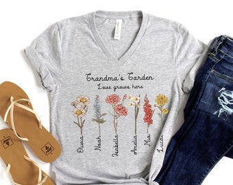 Grandma's Garden Custom Birth Flowers V Neck Shirt, Personalized Birth Flowers Shirts For Grandma, Floral Grandkids Name Tshirt, 12324