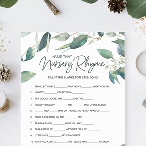 Name That Nursery Rhyme Baby Shower Game with a Leafy Watercolour Eucalyptus Design , Instant Download