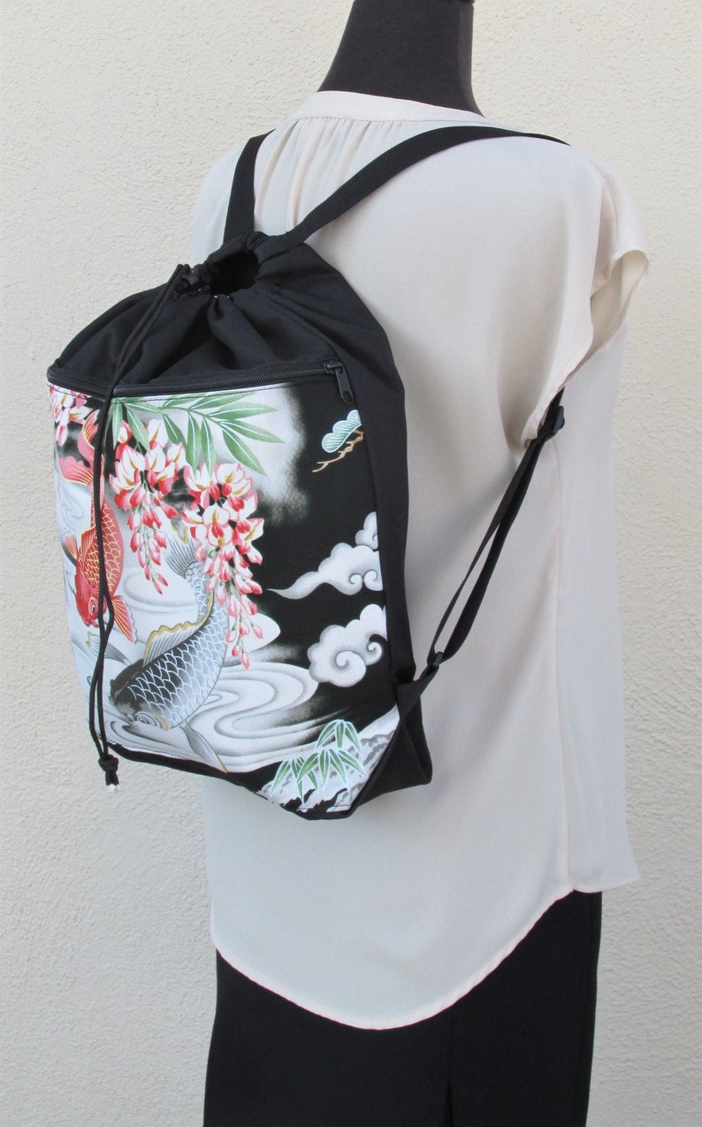 Cotton drawstring backpack Koi Pond print Koi Pond Drawstring Backpack Handmade backpack