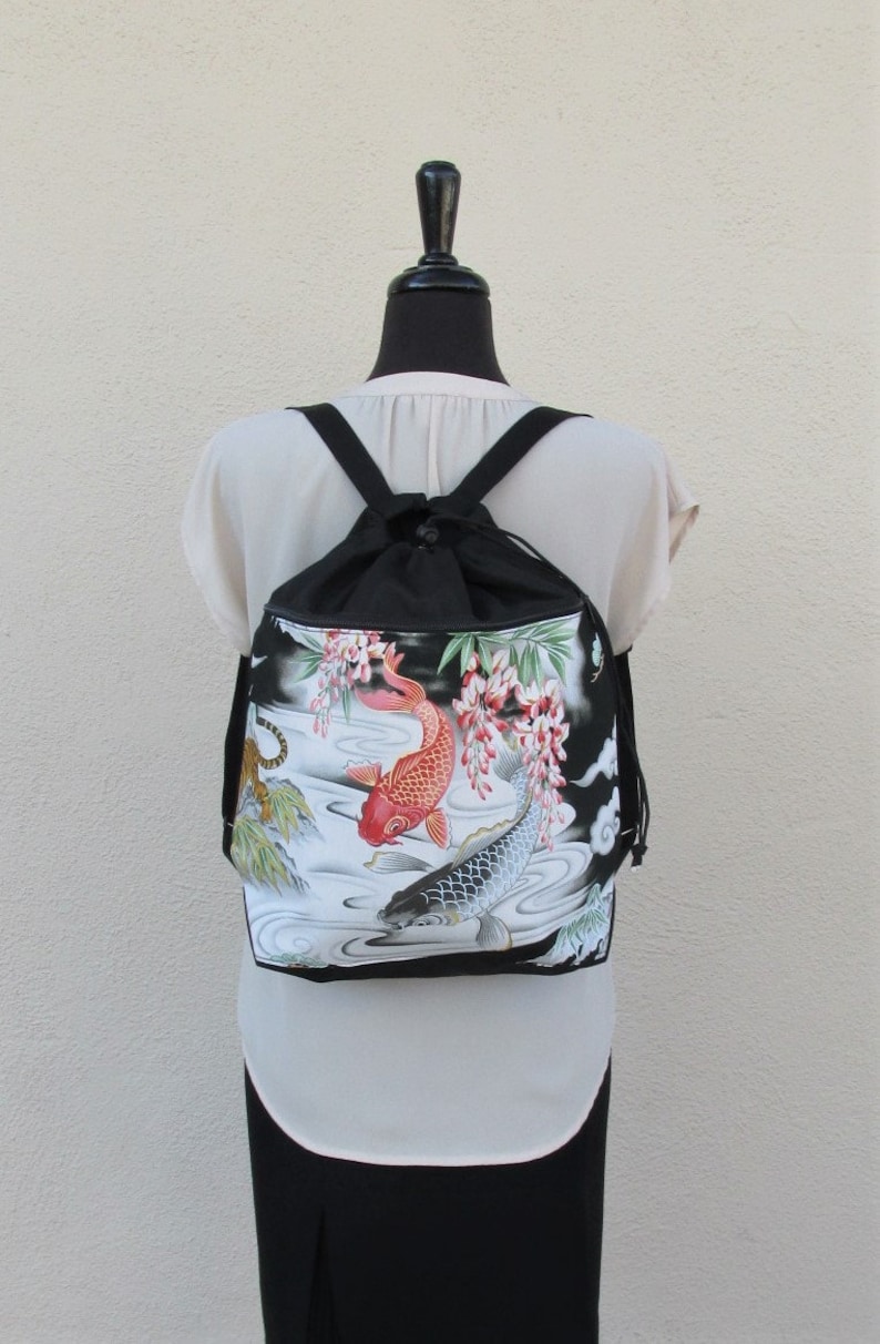 Cotton drawstring backpack Koi Pond print Koi Pond Drawstring Backpack Handmade backpack