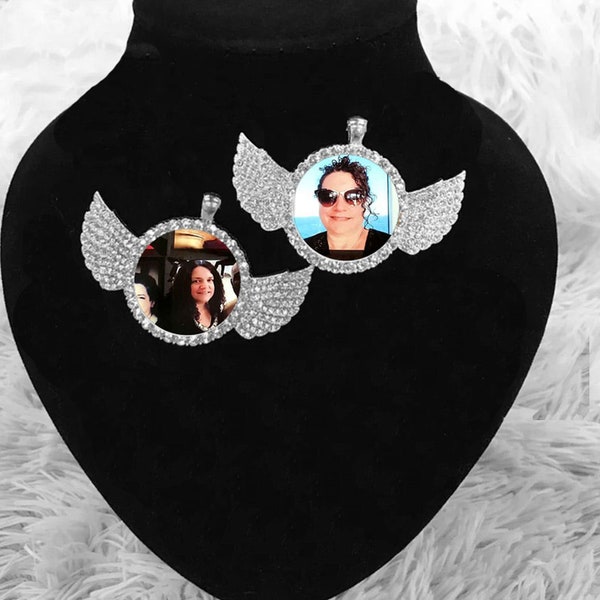 Personalized Diamond Studded Angel Wings Photo Pendant | Custom Photo Pendant | Hip Hop Photo Pendant | Iced Custom Round  Wings Pendant