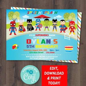 EDITABLE Superhero Pool Party Invitation Superheroes