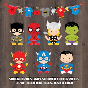 Centros de mesa de superhéroes para bebés, adorno para tarta de superhéroes, decoración para baby shower de superhéroes, descarga instantánea, digital, imprimible