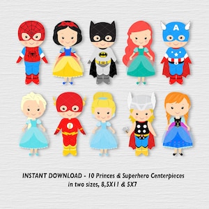 Superhero and Princess Centerpieces, Superheroes and Princesses Cake Topper, Superhero and Princess party, INSTANT DOWNLOAD