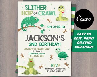 May include: Green, yellow, and white birthday invitation with a snake, chameleon, and turtle. The text reads "Slither Hop or Crawl On Over To Jackson's 2nd Birthday!" with the date, time, and address below. RSVP information is at the bottom.