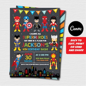 Superhero Birthday Invitation, Superheroes Party, Superheroes Birthday, Self editable Superhero, Canva, chalkboard, INSTANT DOWNLOAD