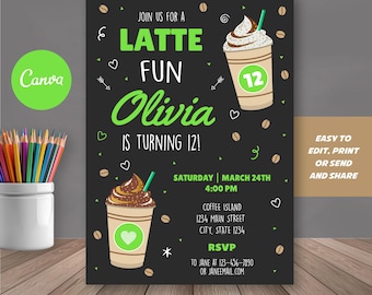 Invito di compleanno a tema caffè modificabile, invito divertente a tema latte macchiato, invito di compleanno a tema caffetteria, modello Canva, DOWNLOAD IMMEDIATO