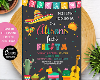Editable Fiesta First Birthday Invitation, First Fiesta Invitation, Mexican party, Canva template, INSTANT DOWNLOAD