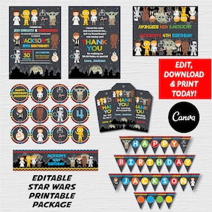 Editable, Star Wars Birthday Party Package, Star Wars Invitation, Star Wars Party, Canva Template, INSTANT DOWNLOAD
