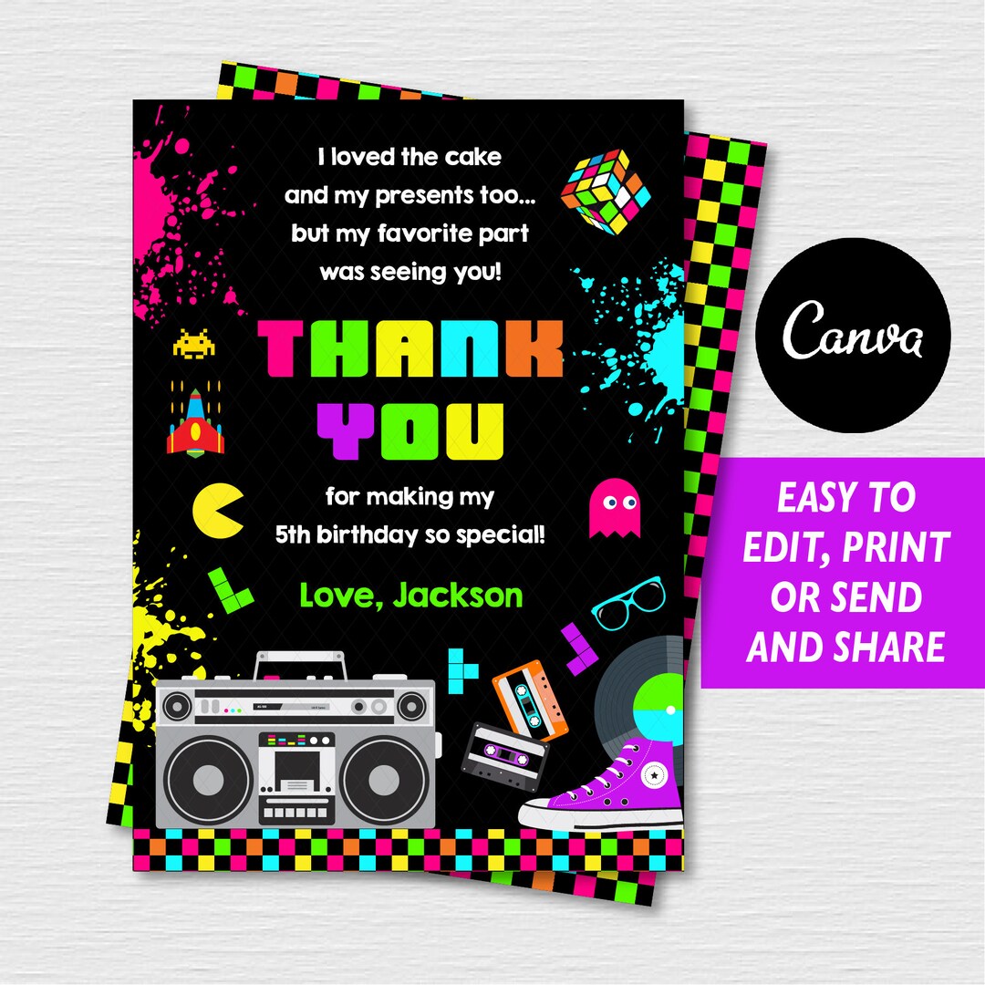 Self Editable Eighties Thank You Card, Eighties Birthday, Thank You