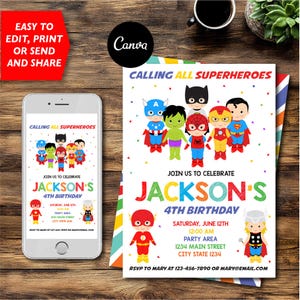 Superhero Birthday Invitation, Superheroes Party, Superheroes Birthday, Self editable Superhero, Canva, INSTANT DOWNLOAD