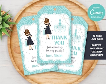 Etiquetas editables para regalos de Desayuno con diamantes, fiesta de cumpleaños de Desayuno con diamantes, plantilla de Canva, descarga instantánea