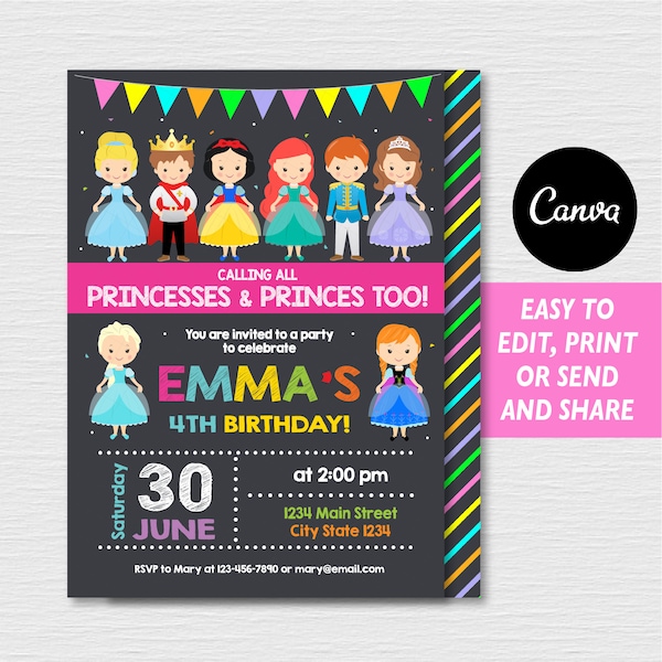 Self Editable, Prince and Princess Invitation, Royal Birthday, Princess party, Prince Birthday, Canva template, Chalkboard, INSTANT DOWNLOAD