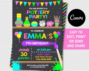 Editable, Painting Pottery Birthday Invitation, Pottery Painting Party, Canva template, Chalkboard, INSTANT DOWNLOAD