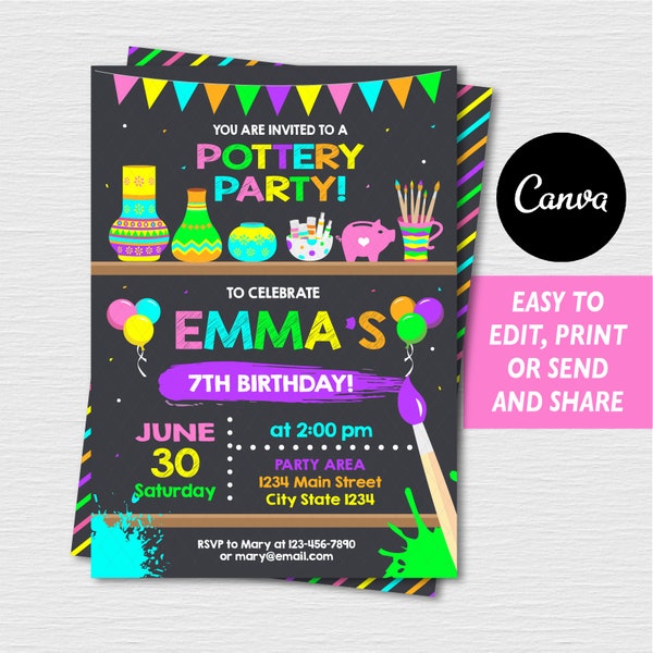 Editable, Painting Pottery Birthday Invitation, Pottery Painting Party, Canva template, Chalkboard, INSTANT DOWNLOAD