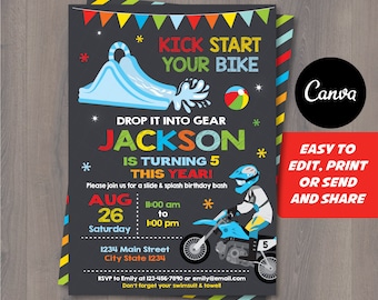 Editable, Motocross Water Slide Invitation, Motocross Birthday, Waterslide party, Dirt Bike Invitation, Canva template, INSTANT DOWNLOAD