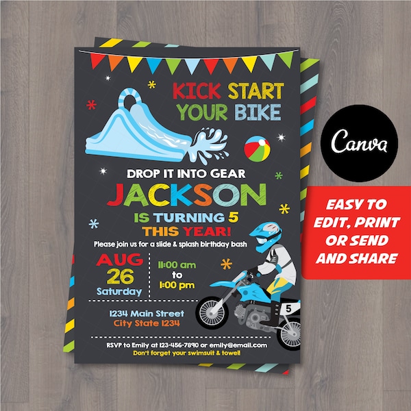 Editable, Motocross Water Slide Invitation, Motocross Birthday, Waterslide party, Dirt Bike Invitation, Canva template, INSTANT DOWNLOAD